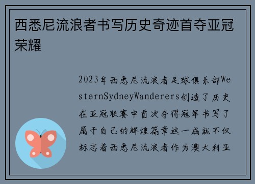 西悉尼流浪者书写历史奇迹首夺亚冠荣耀 西悉尼流浪者书写历史奇迹首夺亚冠荣耀